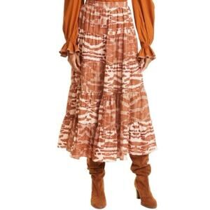 ULLA Johnson 0 Women's 100% Silk Aisa Tiered A Line Midi Skirt Fawn Ikat Print